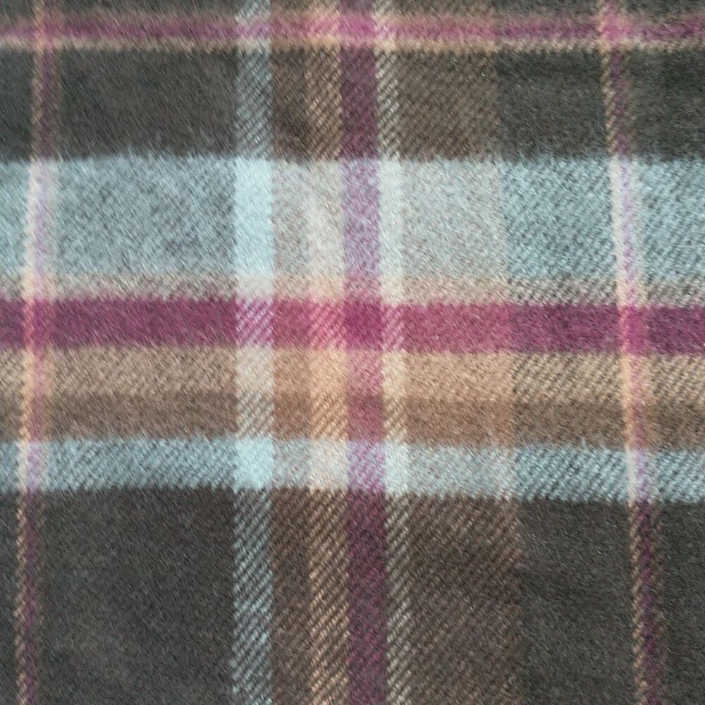 100% Cashmere Scarf Hand Tailored Brown Blue Plaid Fringe Rectangle  Germany 63" - Picture 3 of 7